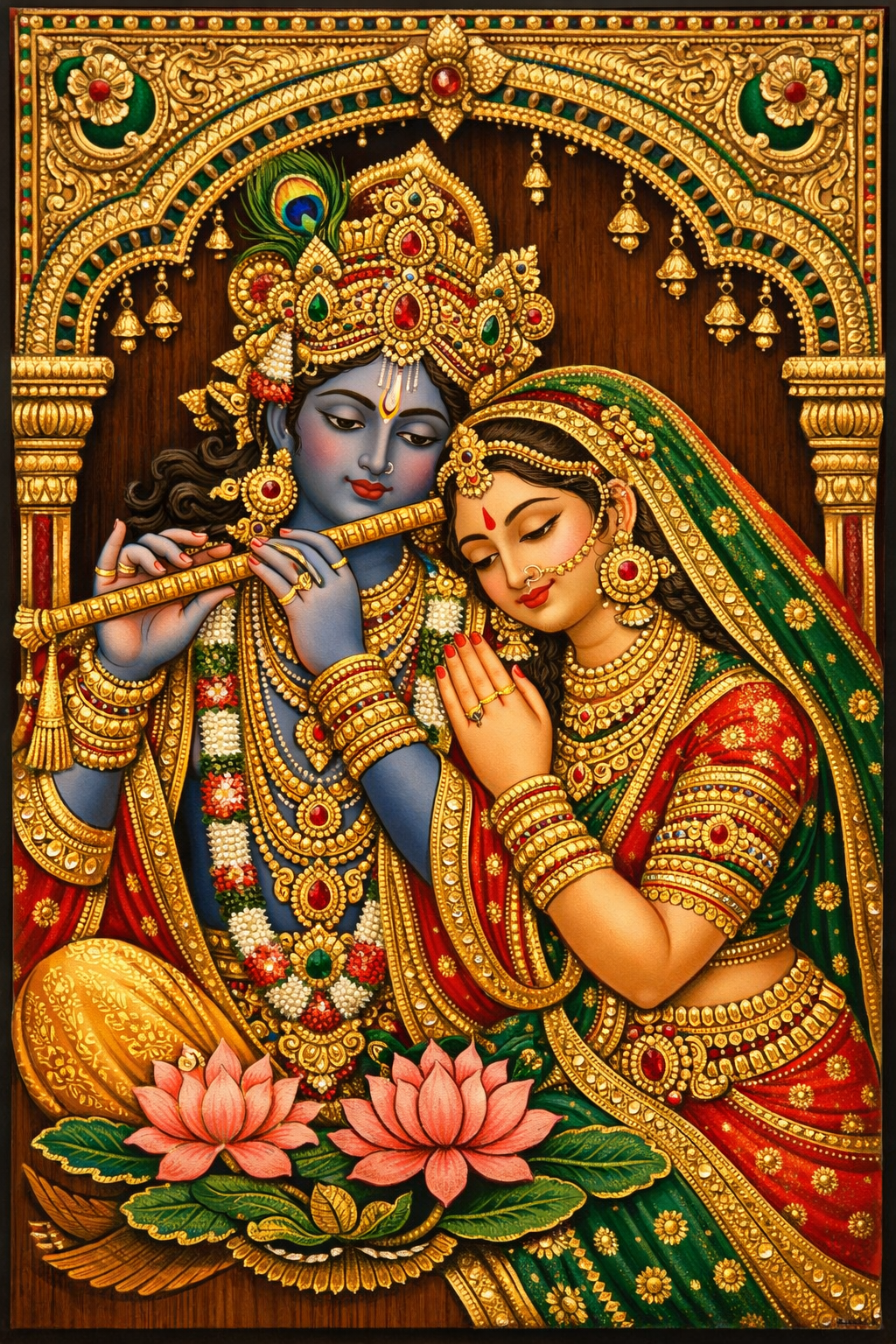 Radha Krishna Thanjavur classical art with gem-studded ornaments and rich gold embossing